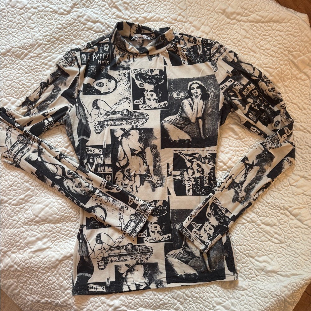 Reformation Graphic Mesh Long Sleeve Top XS Black Cream Print